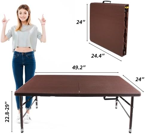 Rattan Folding Table 4ft Heavy-Duty Portable Outdoor Picnic Table for Party Dining Camping Tables with Handle(Brown)