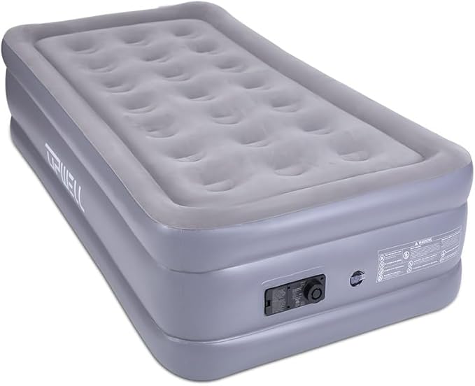UPWELL Inflatable Air Mattress Twin with Built in Pump Comfort Blow up Bed Waterproof Fast&Easy Set up Dura Beam Strong Support Mattress for Home Guests & Camping Grey