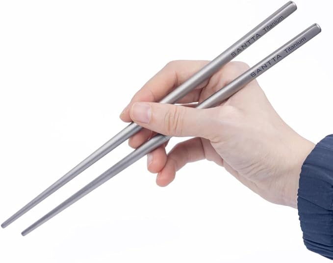 SANTTA Compact Titanium Collapsible Chopsticks and Spoon Utensil Set with Carry Bag and Carabiner for Camping, Hiking, Backpacking and Travelling