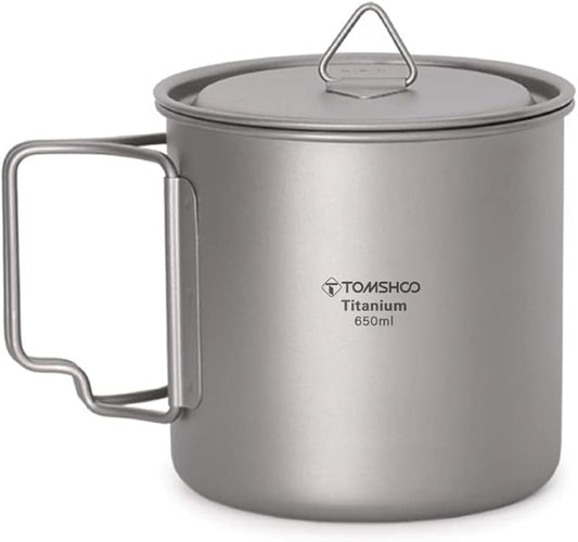TOMSHOO Titanium Mug 650ml/22 oz Camping Pot with Lid - Foldable Handle Coffee Cup for Hiking, Travelling, Backpacking, Open Fire
