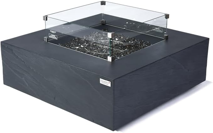 Elementi+ | Bundle Roraima Gas Fire Pit Cast Concrete 40" Square Fire Table, Outdoor Fire Pit Electronic Ignition | Canvas Cover, Fire Glass and Burner Lid Included | Dark Gray | Propane Gas