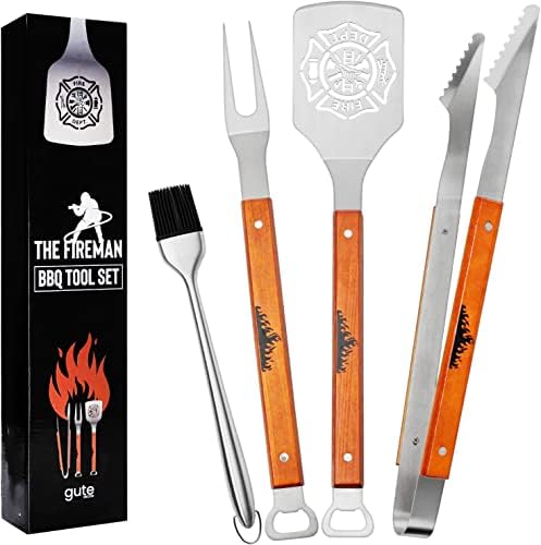 Firefighter Gifts for Men - Large BBQ Grilling Set, 4-Piece Heavy Duty Stainless Steel Tools with Bottle Opener - Fireman, Fire Department, First Responder Flag Gift
