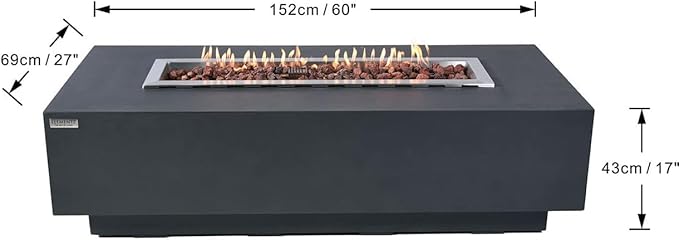 Elementi | Bundle Granville Gas Fire Pit Cast Concrete 60" Rectangular Fire Table, Outdoor Fire Pit Electronic Ignition | Canvas Cover, Lava Rock Included | Dark Gray (Propane Gas)