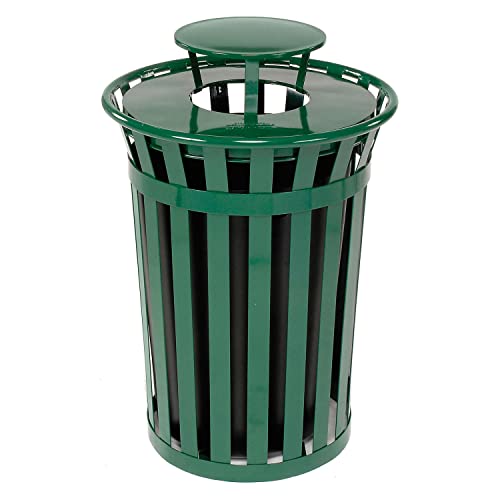 Global Industrial Heavy-Duty 36 Gallon Capacity Outdoor Metal Slatted Trash Receptacle with Rain Bonnet Lid & Plastic Liner, Green, Commercial & Industrial Trash Can
