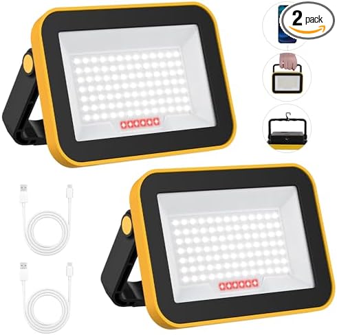 2 Pack Led Rechargeable Portable Work Light SMD LED Super Bright Flood Light Working Lamp Stand USB Cordless Battery Powered Worklight Tool for Outdoor Camping