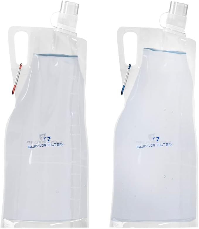 Survivor Filter Collapsible Water Bottles, Canteens (32oz) 2 Pack (2L Total) - Durable Carabiners and Handles. Squeeze Water through a Filter or Use as Water Bottles