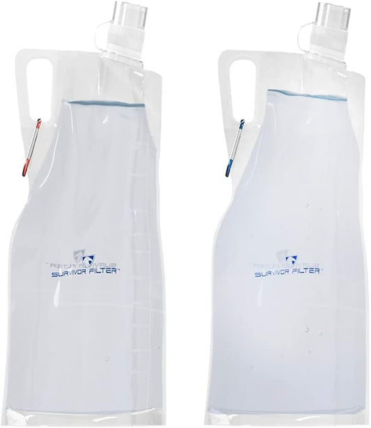 Survivor Filter Collapsible Water Bottles, Canteens (32oz) 2 Pack (2L Total) - Durable Carabiners and Handles. Squeeze Water through a Filter or Use as Water Bottles