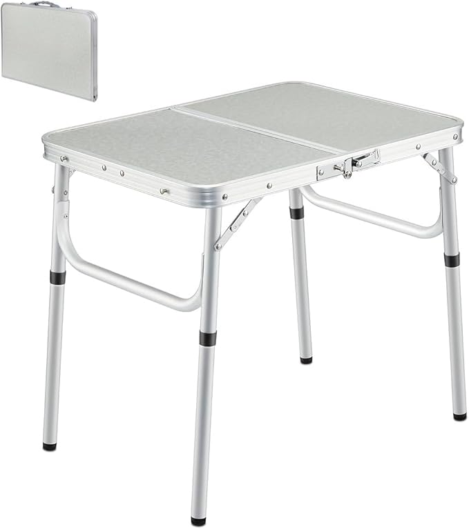 REDCAMP Small Camping Table 2 Foot, Portable Aluminum Folding Table Adjustable Height Lightweight for Picnic Beach Outdoor Indoor, White 24 x 16 inch