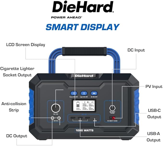 DieHard Portable Power Station 1000-Watt (2000-Watt Peak) - Quiet, Lightweight Solution for Home Backup, Weather Emergencies, Outdoor Recreation, Jobsite and more