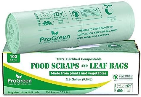 ProGreen Compostable Trash Bags 2.6 Gallon, 100 Count, Extra Thick 0.71 Mil, Small Compost Kitchen Bin Bags, Food Scraps Yard Waste Bags, Compost ASTM D6400 BPI and TÜV AUSTRIA Certified.