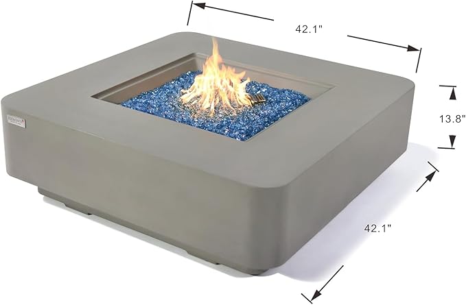 Elementi+ | Bundle Lucerne Gas Fire Pit Cast Concrete 42" Square Fire Table, Outdoor Fire Pit Electronic Ignition | Canvas Cover, Fire Glass and Burner Lid Included | Light Gray | Propane Gas