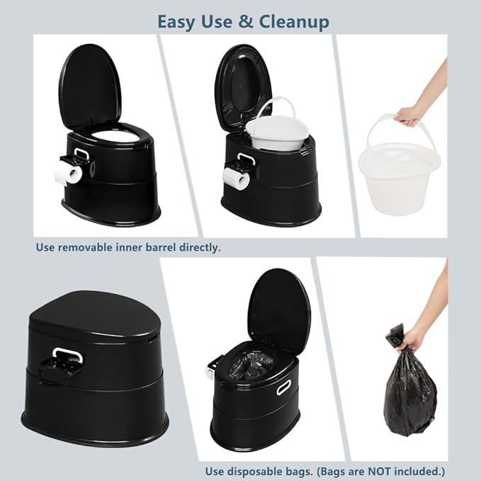 VINGLI Portable Toilet | Indoor Outdoor Commode w/Detachable Inner Bucket & Removable Paper Holder, Lightweight & Compact for Camping, Boat, Van, Emergency Use (Black)