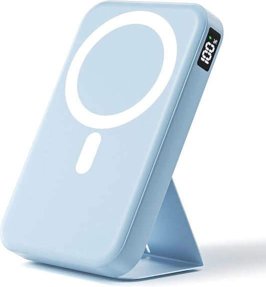 Magnetic Portable Charger, 10000mAh Wireless Power Bank with 20W USB-C Fast Charging, Foldable Stand & LED Display Magnetic Battery Pack, Compatible with iPhone 16/15/14, Sky Blue