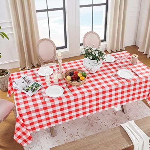 Softalker Gingham Checkered Rectangle Tablecloth - Waterproof Buffalo Plaid Table Cloth Stain Resistant Polyester Table Cover for Picnic/Camping/Outdoor - Red and White, 2 Pack - 54 x 54 Inch