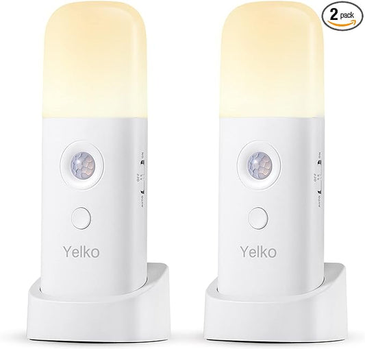 YELKO Motion Sensor Night Light, 2000mAh Rechargeable Night Lights Battery Powered, PortableＤimmable Nightlights with 5 Brightness Levels for Kids,Adults (Warm White 2Pack)