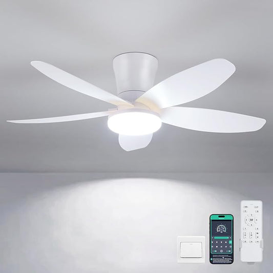 Ceiling Fans with Lights-36 Low Profile Ceiling Fan with Light and Remote/APP Control,Flush Mount,DC Reversible,LED Dimmable Modern Ceiling Fans for Bedroom,Indoor/Outdoor Patio Use(White)
