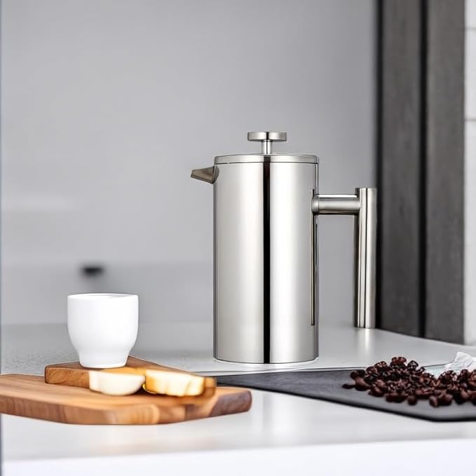 Small French Press Coffee Maker 600ml, Double-Wall Insulated French Press Coffee Press Stainless Steel for travel camping, Included 2 Extra Fliters and 1 Coffee Spoon (2-4cup, 20 OZ)