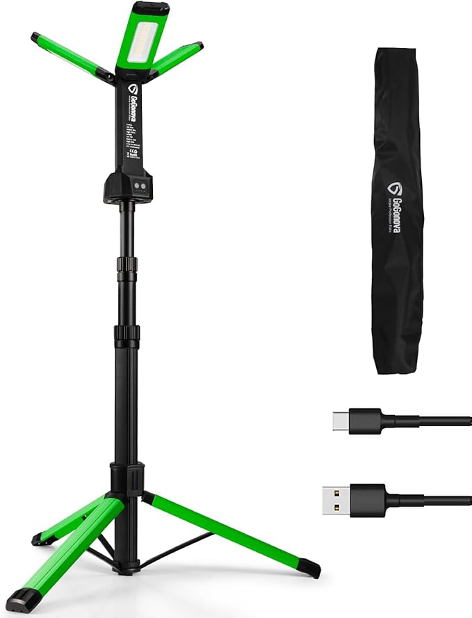 Rechargeable Work Light with Stand, GoGonova Cordless Work Light with Triple LED Lamps, 8AH Battery, 700/1200/2200 Lumen, 4000/6500K Dimmable Camping Light with Detachable Tripod (Green)