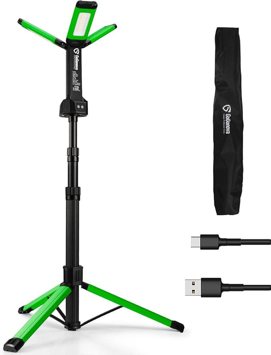 Rechargeable Work Light with Stand, GoGonova Cordless Work Light with Triple LED Lamps, 8AH Battery, 700/1200/2200 Lumen, 4000/6500K Dimmable Camping Light with Detachable Tripod (Green)
