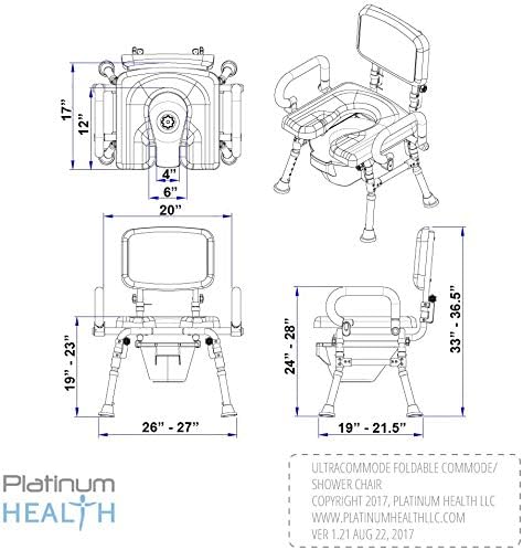 Platinum Health UltraCommode™ Foldable Commode and Shower Chair, Soft, Warm, Portable and Foldable XL Toilet Seat with Open Front, Padded Armrests, Adjustable Height, Includes Free Commode Pail, Gray