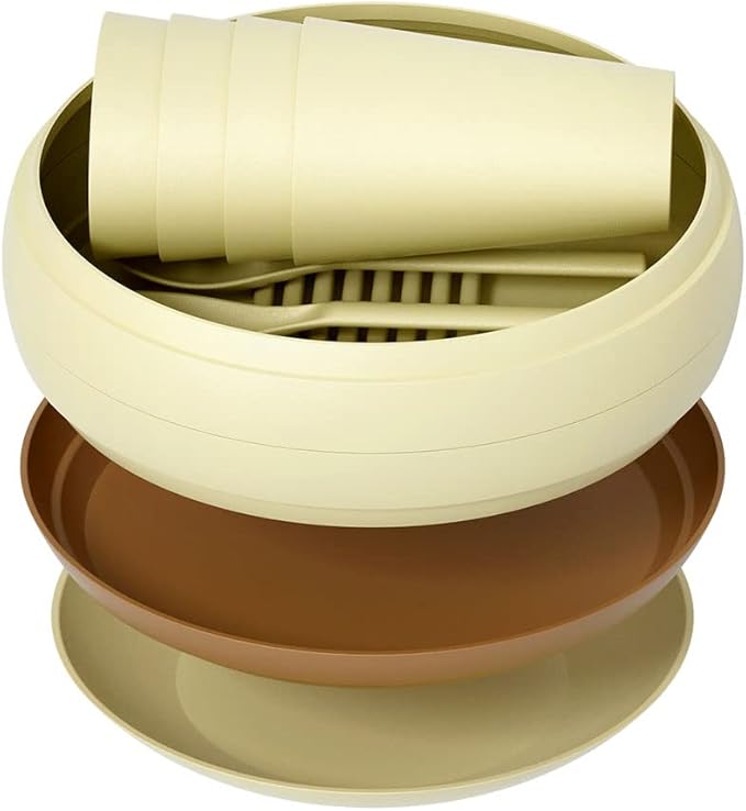 Camping Dishes Picnic Set, Camping Plates Cups and Bowls Set with Chopsticks and Spoons, BPA Free, 17PCS Portable Plastic Reusable Cutlery Set for 4, Portable Small Size, Not Microwave/Dishwasher Safe