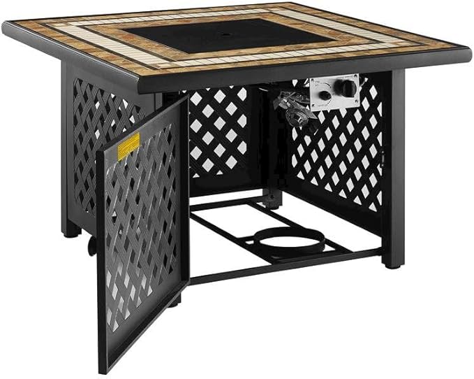 Brown Fire Pit Table with Tiled Top, Beads, and Covers – Propane Backyard Fireplace and Patio Furniture with Hidden Tank Storage