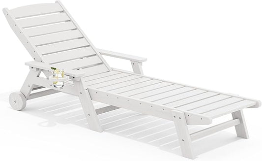 SERWALL Patio Chaise Lounge Chair, 78'' Long HDPE Outdoor Lounge Chair 5 Positions Adjustable Outdoor Lounger, Poly Lounge Chair with Rolling Wheels & Cup Holder for Pool, Light White
