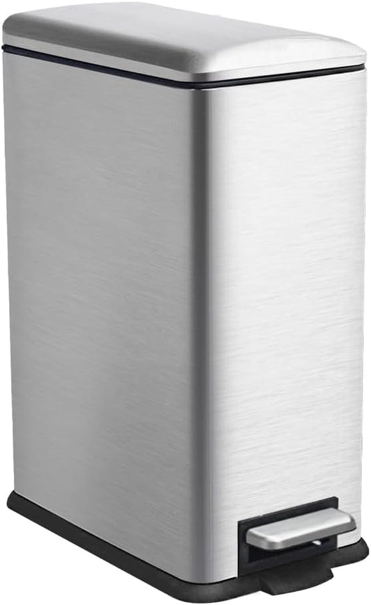 12 Gallon Slim Kitchen Trash Can, Metal Trash Can with Removal Inner Bucket and Soft-Close Lid, Foot Pedal, Stainless Steel Garbage Can 45 Liter, Silver