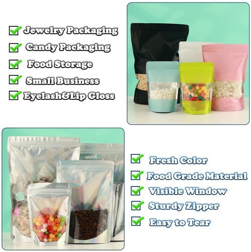 200 Pcs Mylar Bags for Food Storage 7x10 Mylar Bag with Window, Foil Stand Up Resealable Bags for Food, Smell Proof Bag Freeze Dried Candy Packaging Sealable Pouch Jewelry Bracelet Pouch Pink