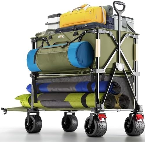 Overmont 400L Foldable Double Decker Wagon - Large Capacity Collapsible Wagon Cart- 52" Extra Long Extender - All-Terrain Big Wheels for Camping Sports School Season, Support Up to 450lbs