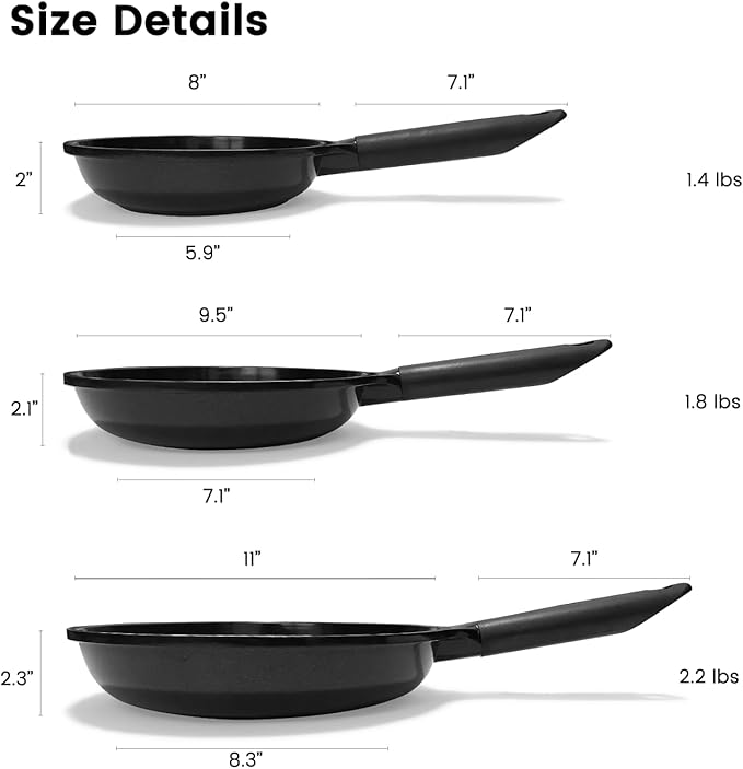 Ceramic Nonstick Frying Pans, Non-Toxic Skillets, 8", 9.5", and 11" Set of 3, PFAS & PTFE & PFOA Free, Dishwasher Safe, Compatible with All Stovetops