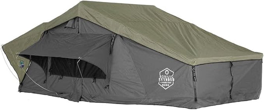 Overland Vehicle Systems HD Nomadic 4 Extended Soft Shell Roof Top Tent - Dark Gray Base with Green Rain Fly & Black 1000G PVC Travel Cover - Black Aluminum Base