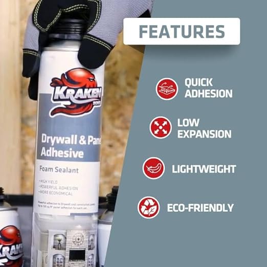 KRAKEN BOND Drywall & Panel Adhesive Foam - (12x24oz) Heavy-Duty, Fast-Curing Construction Adhesive for Concrete, Wood, and Heat Insulation Applications - Gun&Gun Cleaner Set