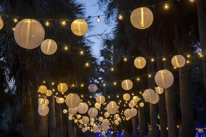 12Pcs White Paper Lanterns - Chinese Japanese Round Hanging Lamp for Wedding, Bridal, Outdoor, Garden, Home, Party Decorations (Size of 6", 8", 10", 12")