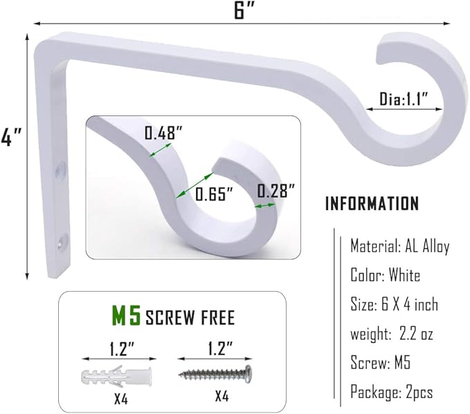 White Hanging Plant Bracket 6inch Metal Plant Hook Shepherds Hook Decorative Wall Plant Hanger for Hanging Lanterns, Bird Feeder, Flower Basket, Home Decor Indoor & Outdoor 2pack