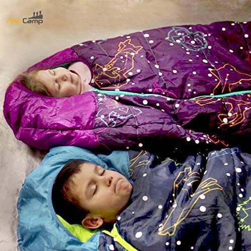 AceCamp Glow in The Dark Mummy Sleeping Bag for Kids and Youth, Temperature Rating 30°F/-1°C, Water-Resistant for Camping, Hiking, and Slumber Party