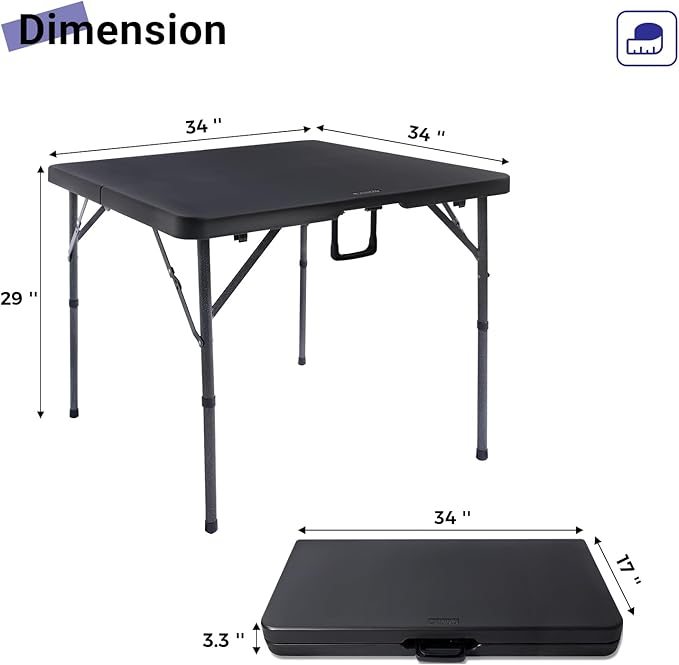 34" Square Folding Card Table, Fold-in-Half Utility Dining Portable Table Heavy Duty HDPE Plastic Foldable with Carrying Handle Indoor Outdoor for Picnic, Camping, Party, Black