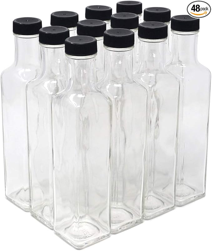nicebottles Clear Glass Quadra Bottles, 250ml, Black Caps (8.5 Fl Oz) - 4 Cases of 12 units, 48 Total