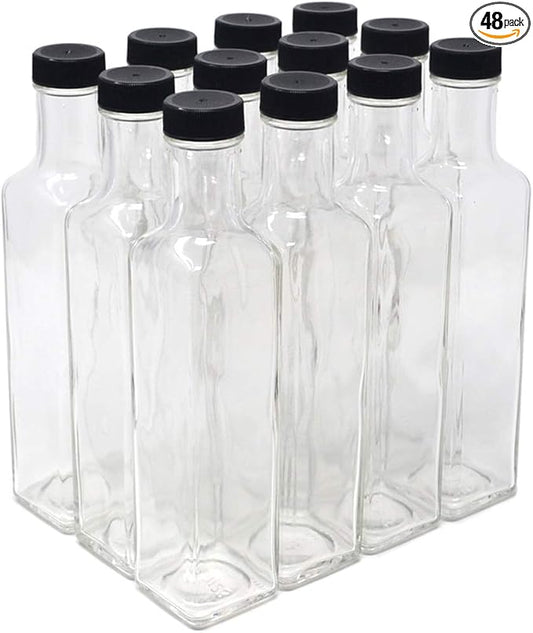 nicebottles Clear Glass Quadra Bottles, 250ml, Black Caps (8.5 Fl Oz) - 4 Cases of 12 units, 48 Total
