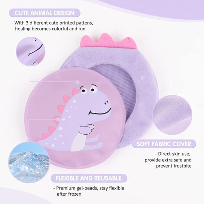 Hilph Kids Ice Packs for Boo Boos, 3 Pack Reusable Gel Hot Cold Packs for Toddlers and Babies, Cute Soft Plush Cover with Hot Cold Compress Pack for Pain Relief, Bump, Bruise, First Aid (Dinosaur)