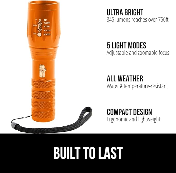 GORILLA GRIP Powerful LED Tactical Flashlight, 750 FT High Lumens 5 Adjustable Modes, Water Resistant, Ultra Bright Zoom Flashlights, Small Mini Flash Light, Camping, Night Dog Walking, 2 Pack Orange