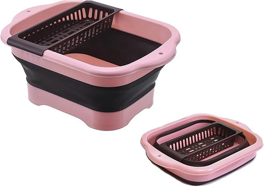 11L（2.91 Gallon） Collapsible Dish Basin with Drain Plug, Space Saving Outdoor Multiuse Foldable Sink Tub, Dishpan, Portable Kitchen Storage Tray for Vegetable Washing, Camping, RV (Pink)