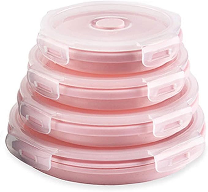 CARTINTS Silicone Collapsible Food Storage Containers-Prep/Storage Bowls with Lids – Set of 4 Round Silicone Lunch Containers – Microwave and Freezer Food Containers(pink)