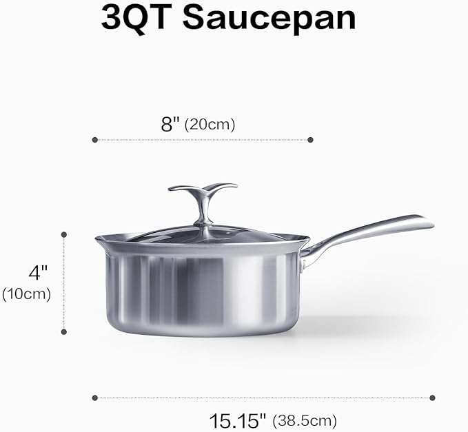 Saucepan with Lid 5-Ply Stainless Steel Sauce Pans, 3 Quart Small Pot for Sauce, Milk & Boiling, Induction Compatible, Oven Dishwasher Safe, Works on All Stovetops Non Toxic, PTFE & PFOA Free