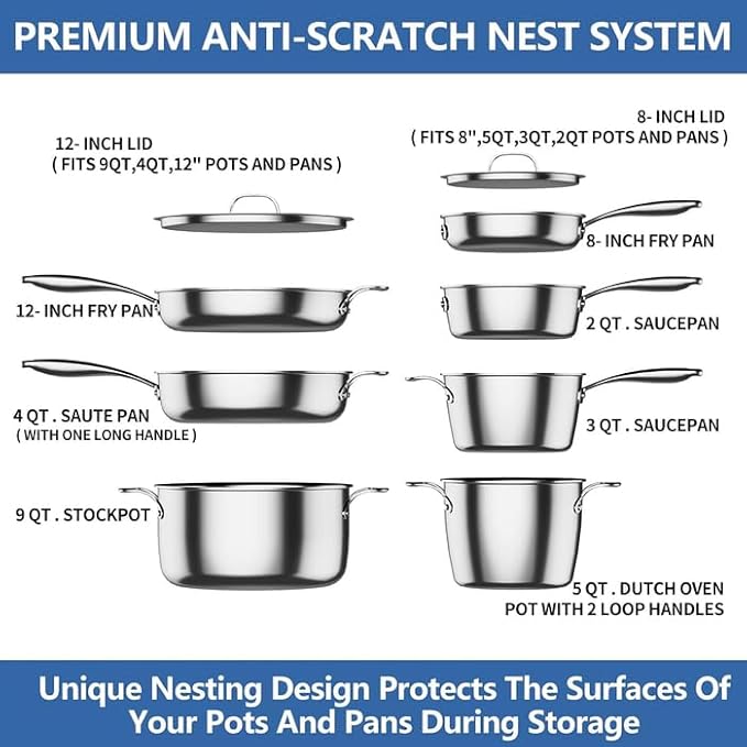 Nuwave Pro-Smart 9pc Stainless Steel Cookware Set, Healthy Duralon Blue Non-Stick Ceramic Coating, Heavy-Duty Tri-Ply Construction, Ergonomic Stay-Cool Handles, Induction-Ready & Works on All Cooktops