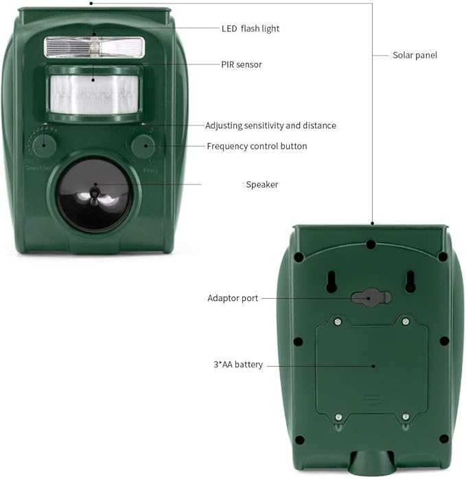 Ultrasonic Pest Repellent,Solar Animal Repeller,Outdoor Cat Repellent,Bird Repellent,Deer Repellent.Dog,Raccoon,Squirrel Repellent,Motion Activated LED Flashing Light Alarm Sound Animal Repeller