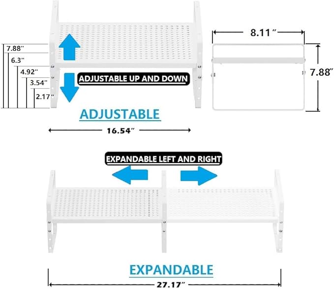 Expandable Spice Rack, Stackable Metal Pantry Storage Shelves Stand, Adjustable Height Cabinet Shelf Organizer Racks(1PACK/WHITE,MEDIUM)