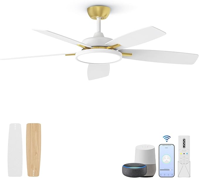 Roomratv Ceiling Fans with Lights,52 inch Smart Ceiling Fans with Dimmable LED Light Compatible with Google Home Alexa App Control(White Gold