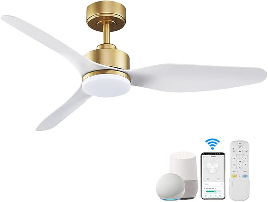 48 Inch Smart Ceiling Fans with Lights and Remote Control,Dimmable LED Light,Outdoor Indoor Gold White Ceiling Fan,Quiet DC Motor,WIFI Alexa App Workable,for Modern Bedroom Living Room Patio
