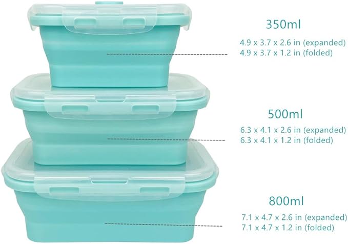 CARTINTS Silicone Collapsible Food Storage Containers-Prep/Storage Bowls with Lids - Set of 3 Square Silicone Lunch Containers - Microwave, Dishwasher and Freezer Safe (blue)